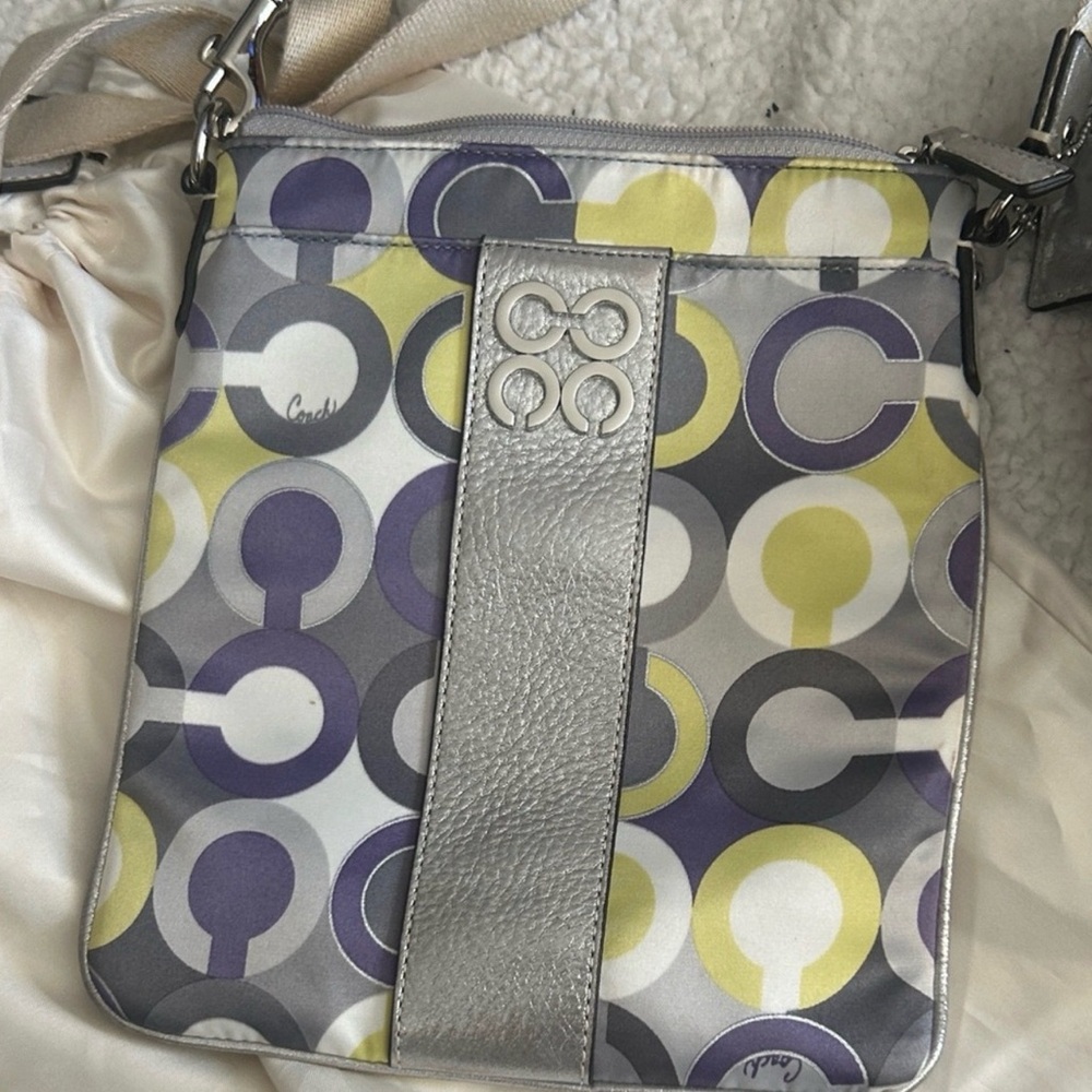 Coach Multicolor Circle Print Crossbody Bag in Gray, Purple & Lime